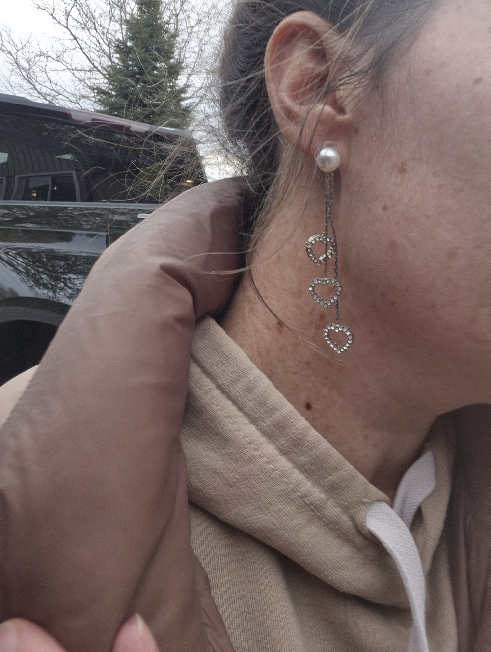 3 For $15!! Silver Pearl-Top Dangle Earrings with Rhinestone Heart Drops - Picture 5 of 5